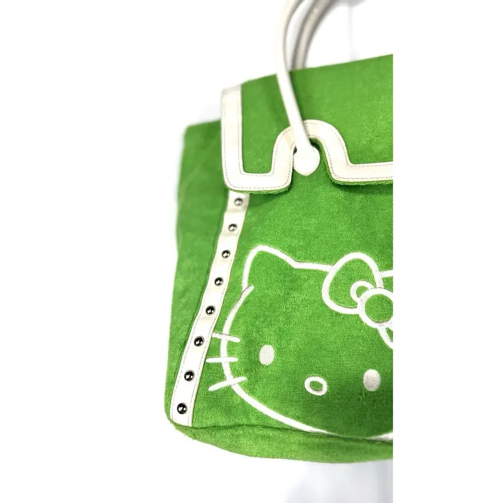 Sanrio Hello Kitty Green/White Tote Snap Closure Inner Pockets Studded Silver